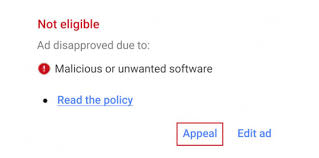 Google Ads policy issue showing a disapproved ad