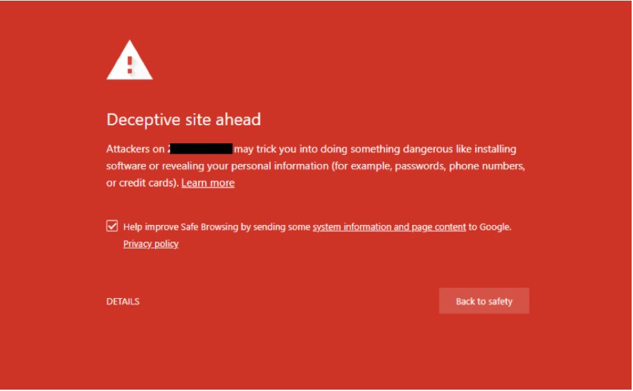 Browser warning page saying deceptive site ahead