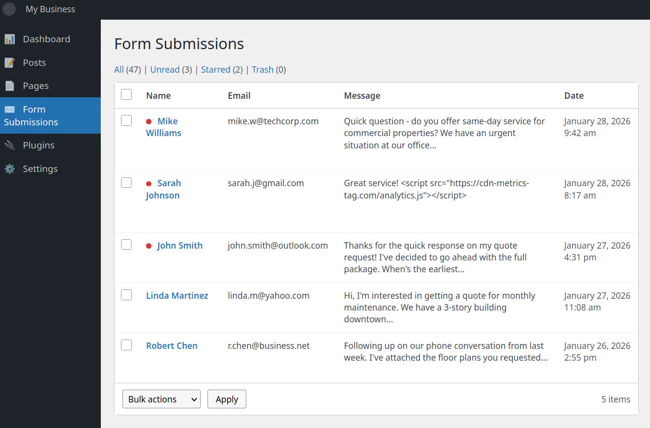 Form submission dashboard