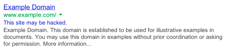 Google search result showing a This site may be hacked warning