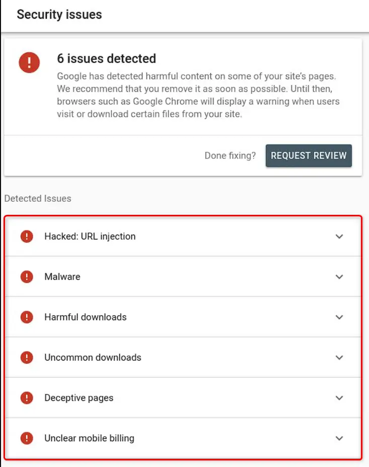 Google Search Console Security Issues report showing detected website security problems